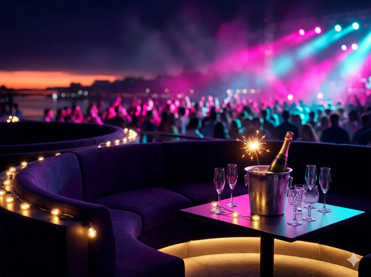 Riverside music venue with a DJ booth at night, illustrating the G10 event setting.